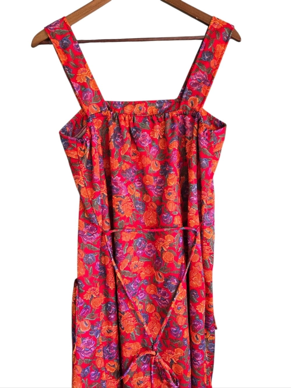 Vintage 1970s Sears Floral Psychedelic Pinafore Apron Dress Red Orange 16.5 - Picture 4 of 14
